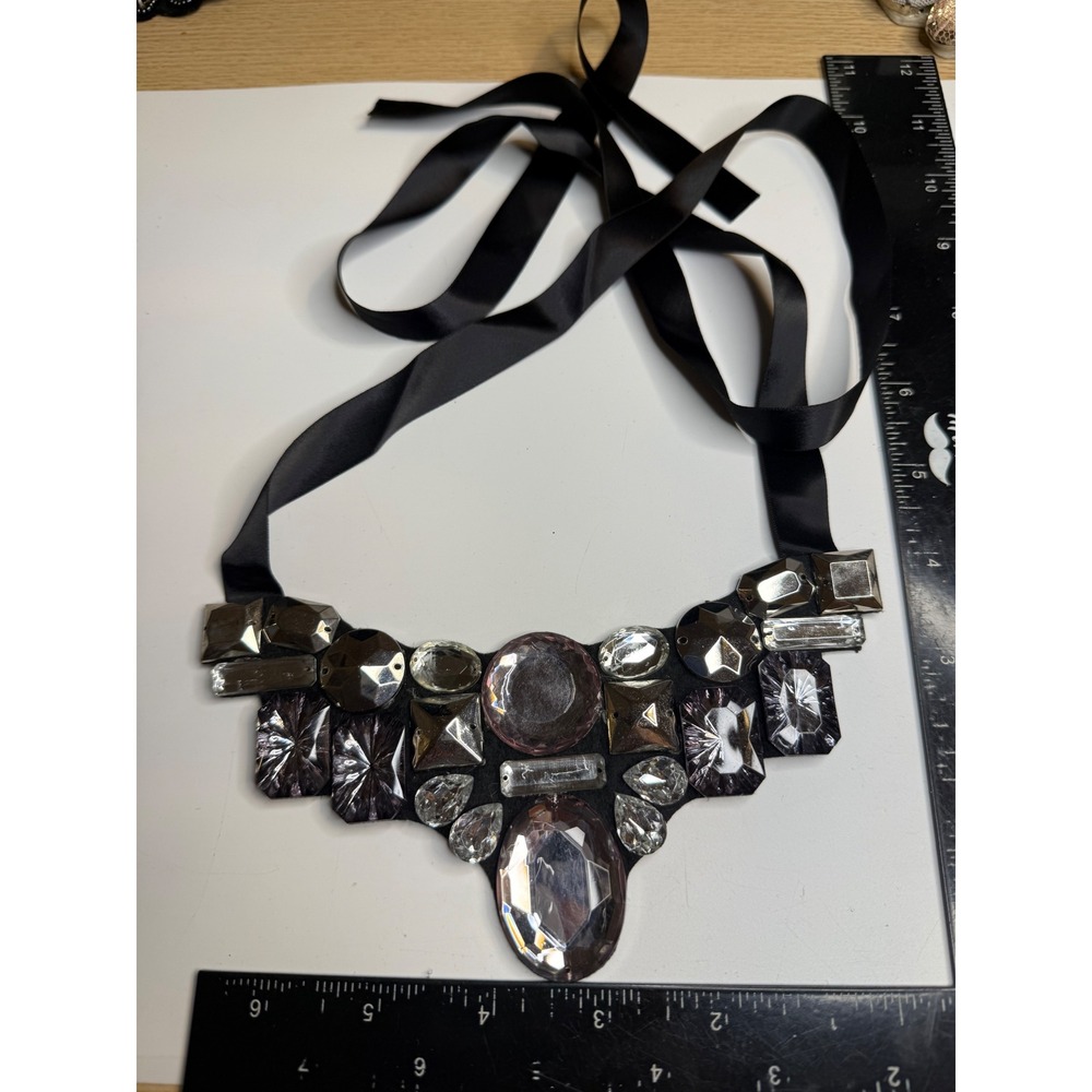 Black Satin Ribbon Tie Statement Bib Necklace Oversized Crystal Choker Collar